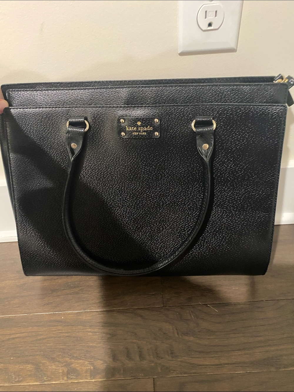 kate spade Black Pebbled Leather Structured Satchel with Gold Hardware